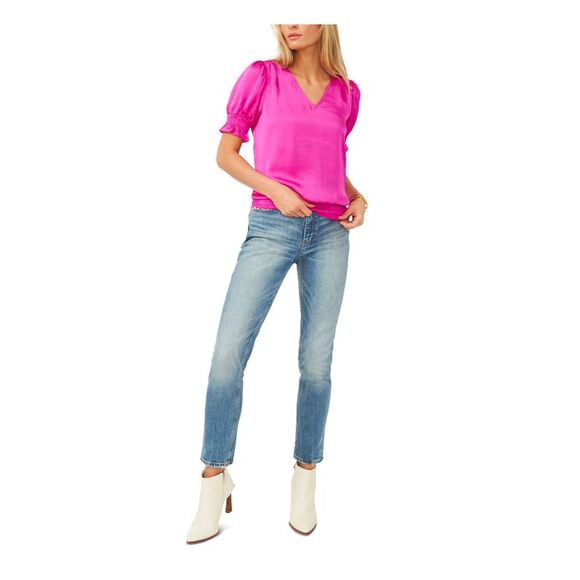 VINCE CAMUTO Womens Pink Smocked Pleated Silk Short Sleeve V Neck Top XXS - Picture 3 of 4